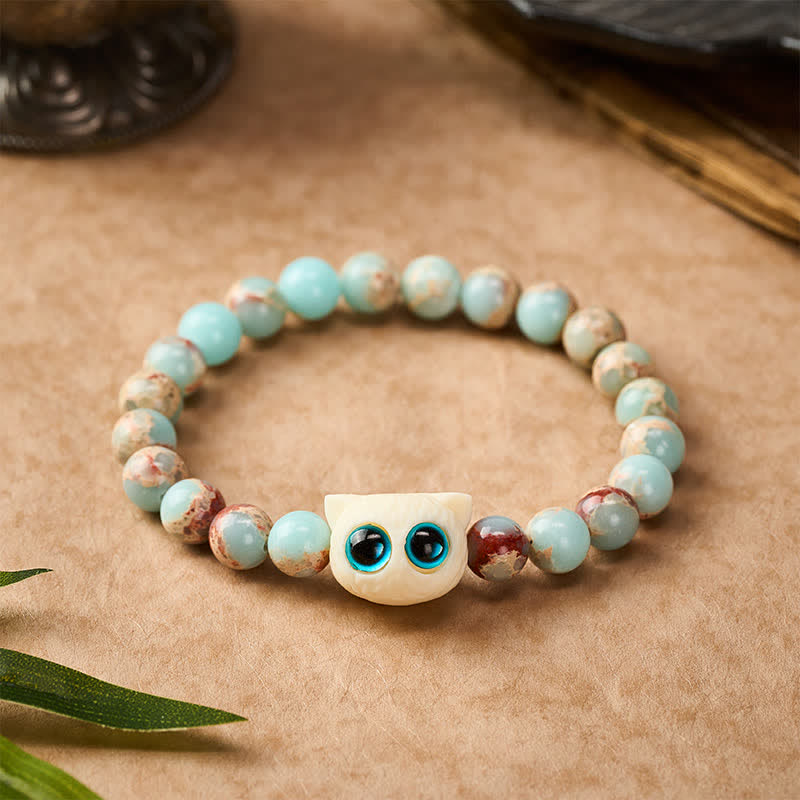 Buddha Stones Shoushan-Armband aus Elfenbein, Frucht und Katze – ein Symbol für Wohlstand - 8 mm (Handgelenkumfang: 5,9–6,3 Zoll / 15–16 cm) - image 0