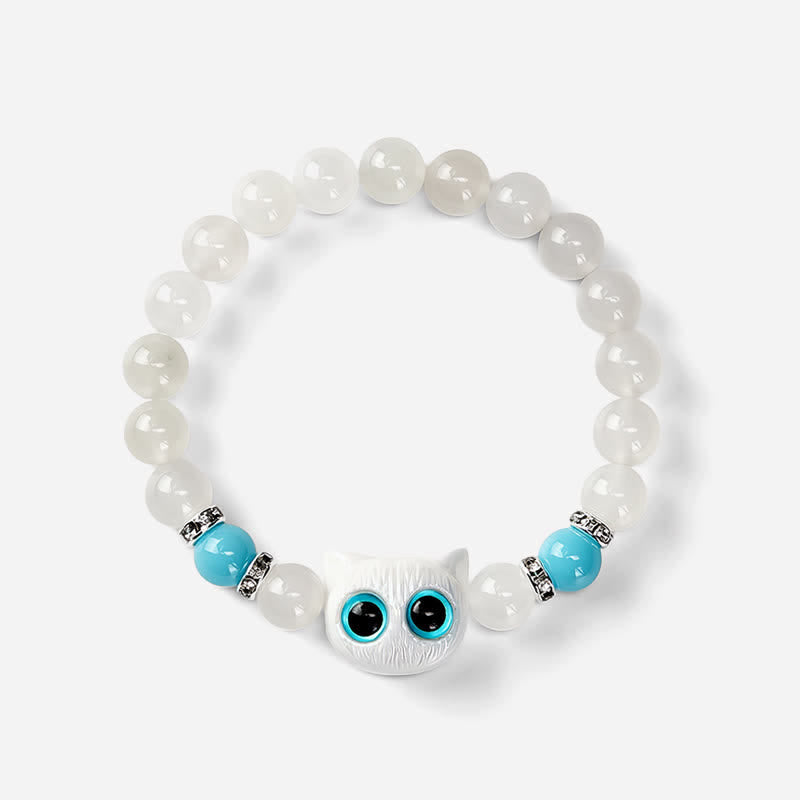 Buddha Stones Armband aus weißem Jade und schwarzem Obsidian mit niedlichem Katzenkopf-Motiv – Symbol der Reinheit - image 8