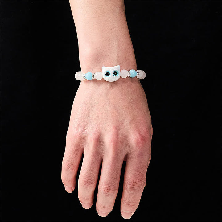 Buddha Stones Armband aus weißem Jade und schwarzem Obsidian mit niedlichem Katzenkopf-Motiv – Symbol der Reinheit - image 4