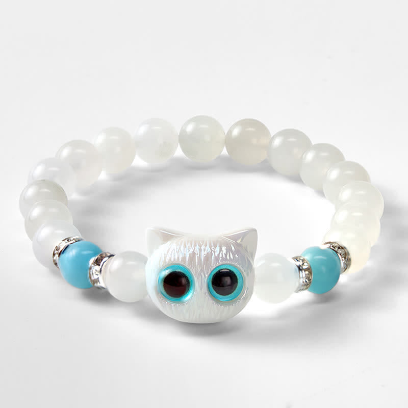 Buddha Stones Armband aus weißem Jade und schwarzem Obsidian mit niedlichem Katzenkopf-Motiv – Symbol der Reinheit - image 9