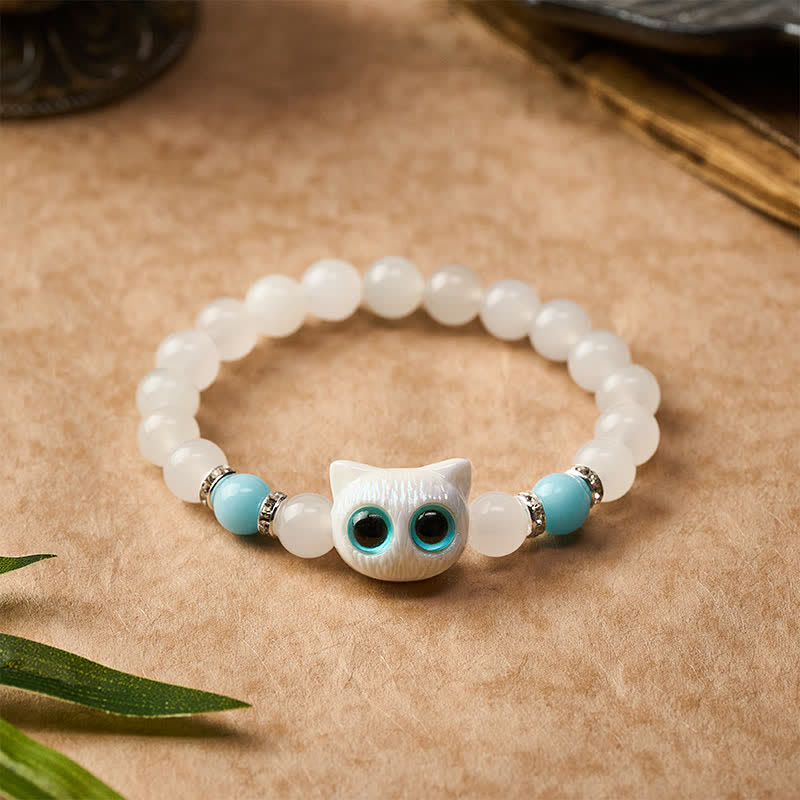 Buddha Stones Armband aus weißem Jade und schwarzem Obsidian mit niedlichem Katzenkopf-Motiv – Symbol der Reinheit - image 7