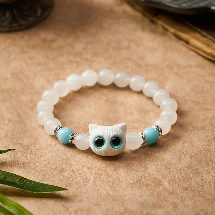 Buddha Stones Armband aus weißem Jade und schwarzem Obsidian mit niedlichem Katzenkopf-Motiv – Symbol der Reinheit - image 7