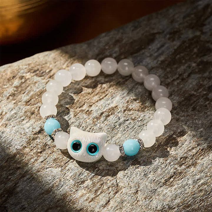 Buddha Stones Armband aus weißem Jade und schwarzem Obsidian mit niedlichem Katzenkopf-Motiv – Symbol der Reinheit - image 2