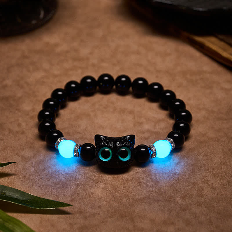 Buddha Stones Armband aus weißem Jade und schwarzem Obsidian mit niedlichem Katzenkopf-Motiv – Symbol der Reinheit - Schwarzer Obsidian (Handgelenkumfang: 15–16 cm) - image 12