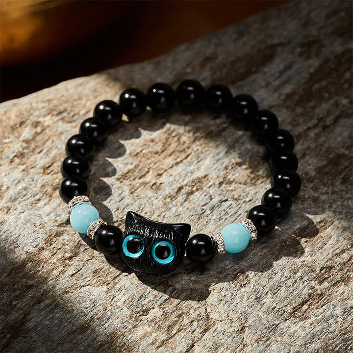 Buddha Stones Armband aus weißem Jade und schwarzem Obsidian mit niedlichem Katzenkopf-Motiv – Symbol der Reinheit - image 14