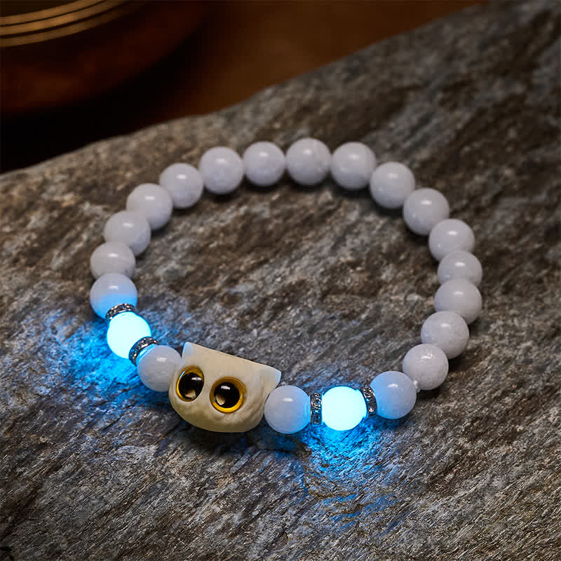 Buddha Stones Armband aus schwarzem Obsidian und weißem Chalcedon mit Katzenkopf-Reinheitsperle und großen Augen - image 4