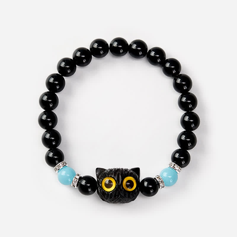 Buddha Stones Armband aus schwarzem Obsidian und weißem Chalcedon mit Katzenkopf-Reinheitsperle und großen Augen - image 17