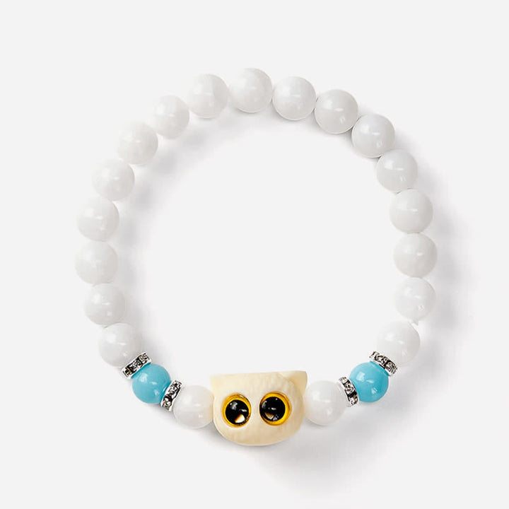 Buddha Stones Armband aus schwarzem Obsidian und weißem Chalcedon mit Katzenkopf-Reinheitsperle und großen Augen - image 8