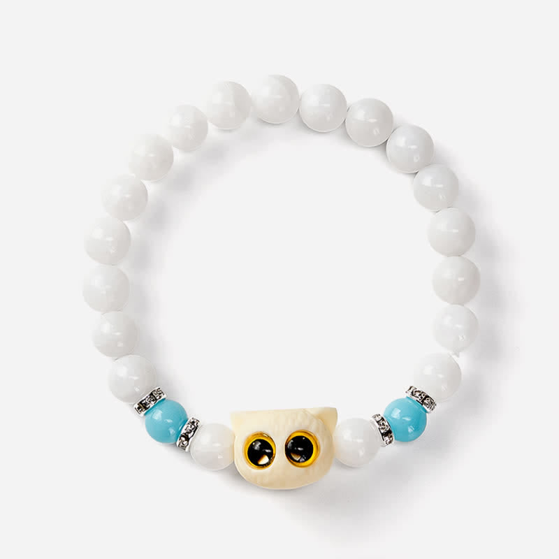 Buddha Stones Armband aus schwarzem Obsidian und weißem Chalcedon mit Katzenkopf-Reinheitsperle und großen Augen - image 9