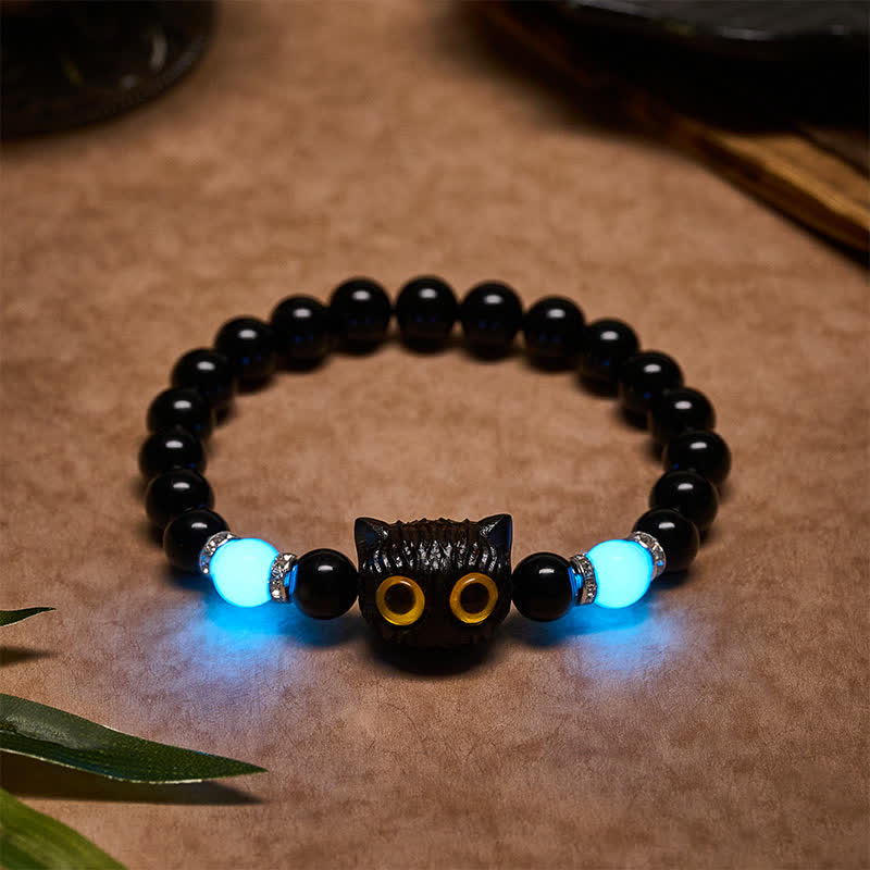 Buddha Stones Armband aus schwarzem Obsidian und weißem Chalcedon mit Katzenkopf-Reinheitsperle und großen Augen - Schwarzer Obsidian (Handgelenkumfang: 15–16 cm) - 8 mm - image 15