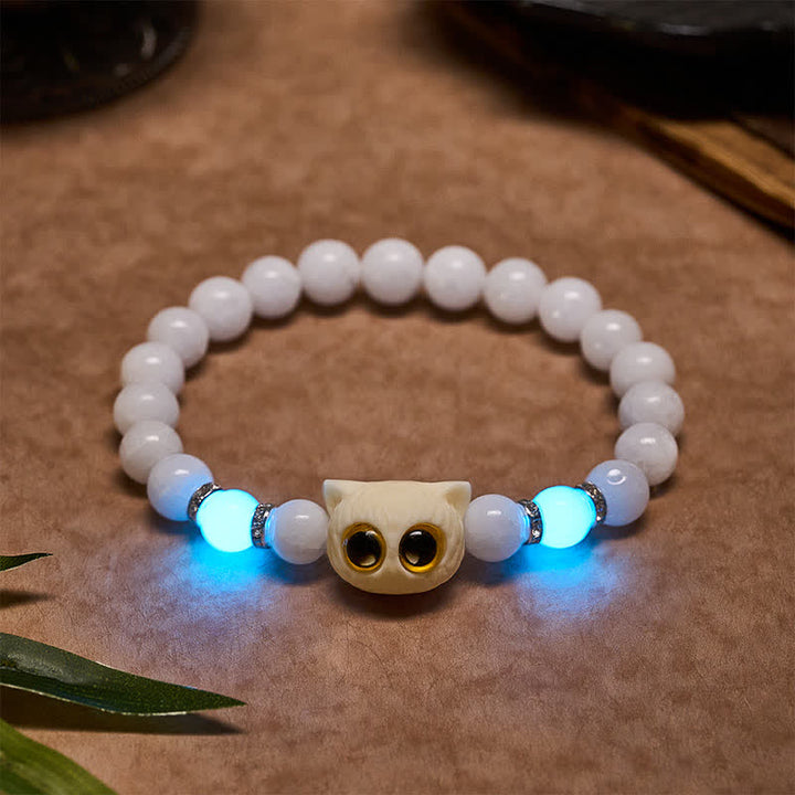 Buddha Stones Armband aus schwarzem Obsidian und weißem Chalcedon mit Katzenkopf-Reinheitsperle und großen Augen - Weißer Chalcedon (Handgelenkumfang: 15–16 cm) - 8 mm - image 1