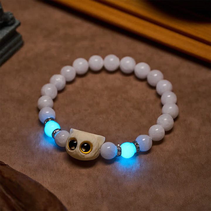 Buddha Stones Armband aus schwarzem Obsidian und weißem Chalcedon mit Katzenkopf-Reinheitsperle und großen Augen - image 7