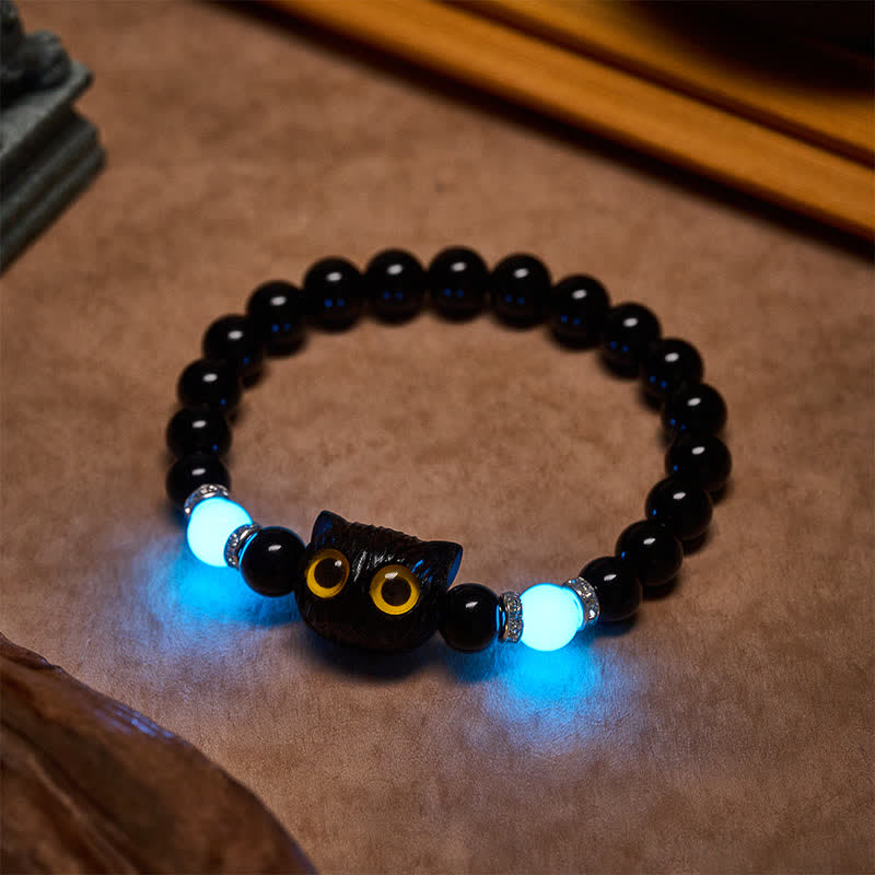 Buddha Stones Armband aus schwarzem Obsidian und weißem Chalcedon mit Katzenkopf-Reinheitsperle und großen Augen - image 18