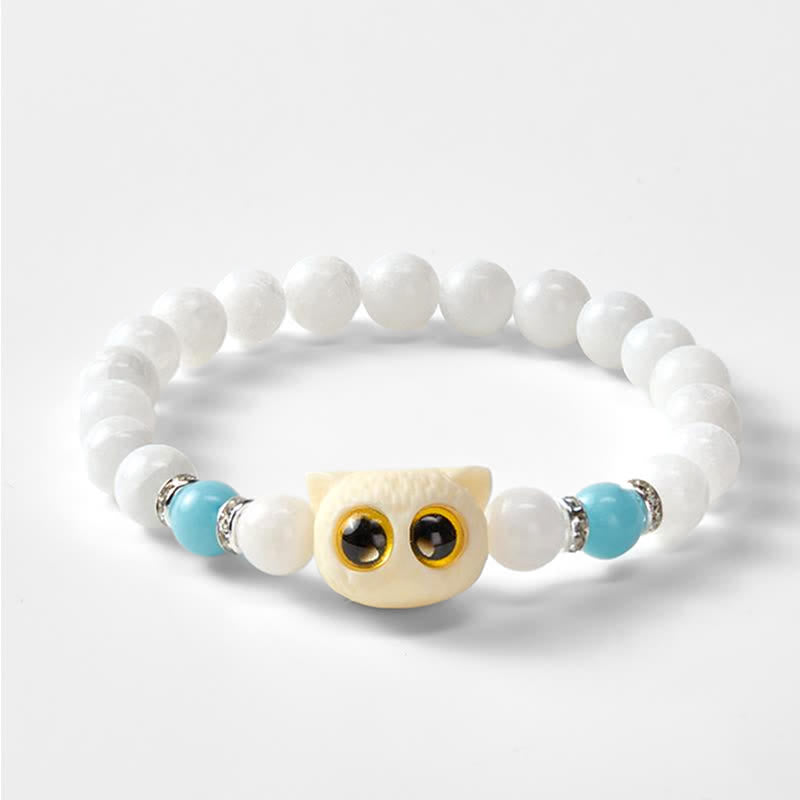 Buddha Stones Armband aus schwarzem Obsidian und weißem Chalcedon mit Katzenkopf-Reinheitsperle und großen Augen - image 10