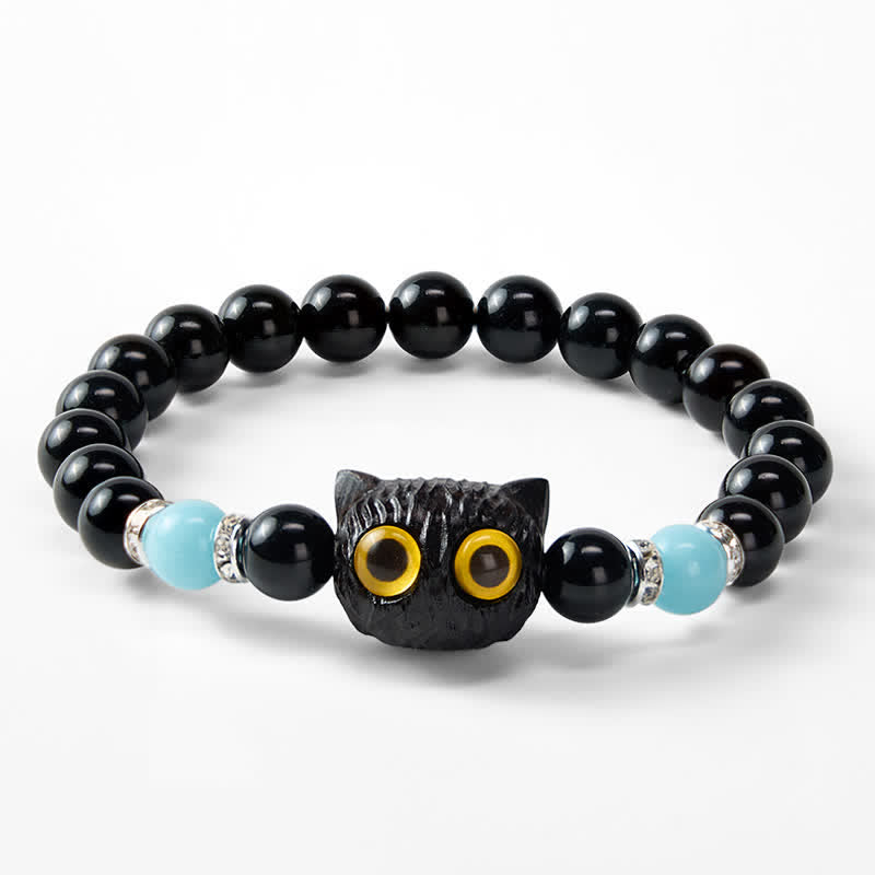 Buddha Stones Armband aus schwarzem Obsidian und weißem Chalcedon mit Katzenkopf-Reinheitsperle und großen Augen - image 23