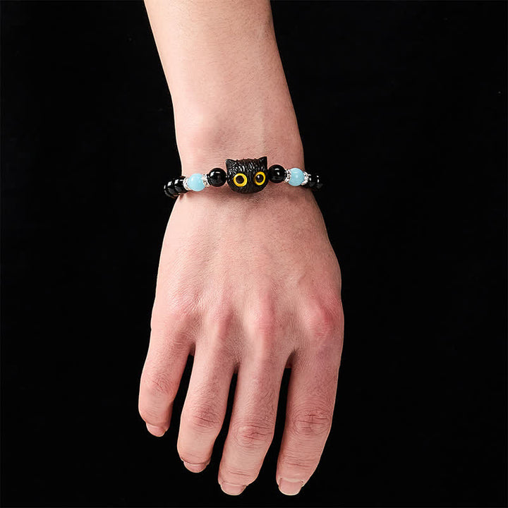Buddha Stones Armband aus schwarzem Obsidian und weißem Chalcedon mit Katzenkopf-Reinheitsperle und großen Augen - image 19