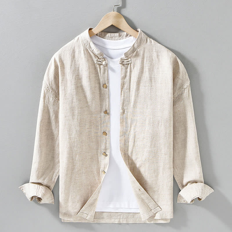 Buddha Stones Lässige Herrenhemden im Tang-Stil mit Stehkragen, einfarbig, langärmlig - Beige - US/ UK/AU42, EU52 (3XL) - image 8