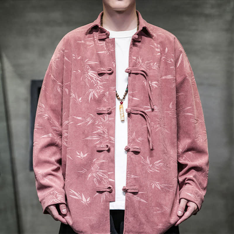 Buddha Stones Herbst/Winter Tang Style Herren Langarmhemden aus Cord mit Froschknopfleiste und Bambusprint - RosyBrown - US/ UK/AU46, EU56 (5XL) - image 9