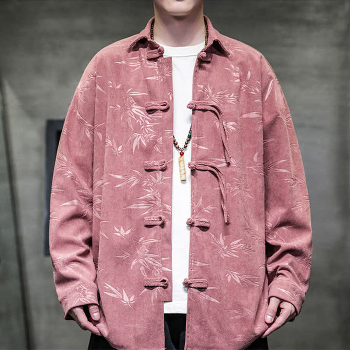 Buddha Stones Herbst/Winter Tang Style Herren Langarmhemden aus Cord mit Froschknopfleiste und Bambusprint - RosyBrown - US/ UK/AU46, EU56 (5XL) - image 9