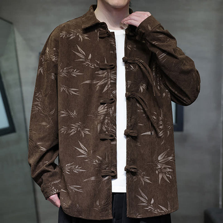 Buddha Stones Herbst/Winter Tang Style Herren Langarmhemden aus Cord mit Froschknopfleiste und Bambusprint - image 26