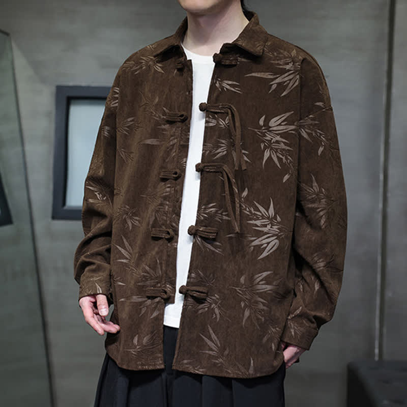 Buddha Stones Herbst/Winter Tang Style Herren Langarmhemden aus Cord mit Froschknopfleiste und Bambusprint - image 27