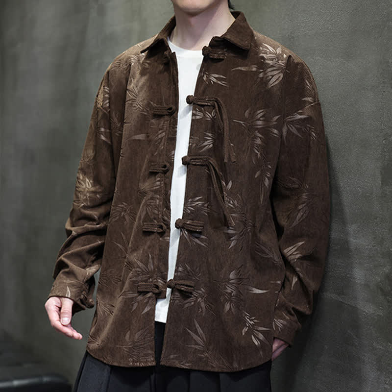 Buddha Stones Herbst/Winter Tang Style Herren Langarmhemden aus Cord mit Froschknopfleiste und Bambusprint - image 29