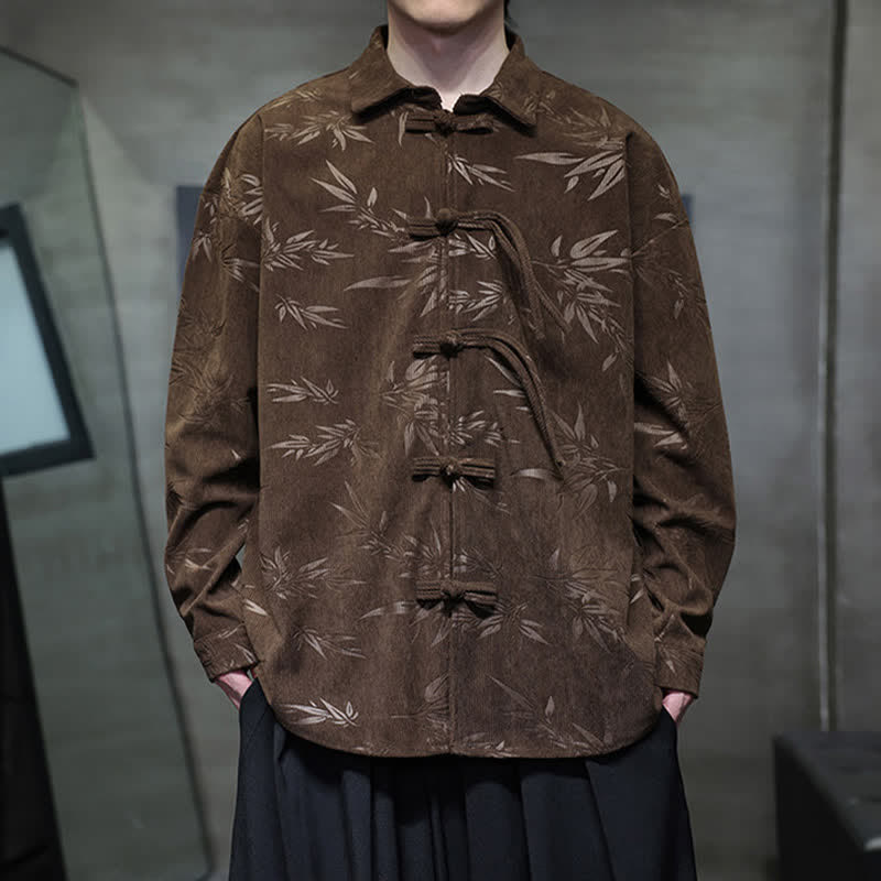 Buddha Stones Herbst/Winter Tang Style Herren Langarmhemden aus Cord mit Froschknopfleiste und Bambusprint - Sattelbraun - US/ UK/AU46, EU56 (5XL) - image 25