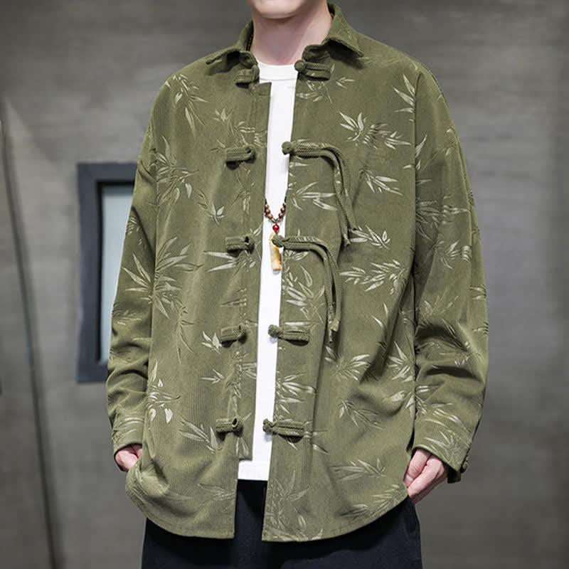 Buddha Stones Herbst/Winter Tang Style Herren Langarmhemden aus Cord mit Froschknopfleiste und Bambusprint - image 1