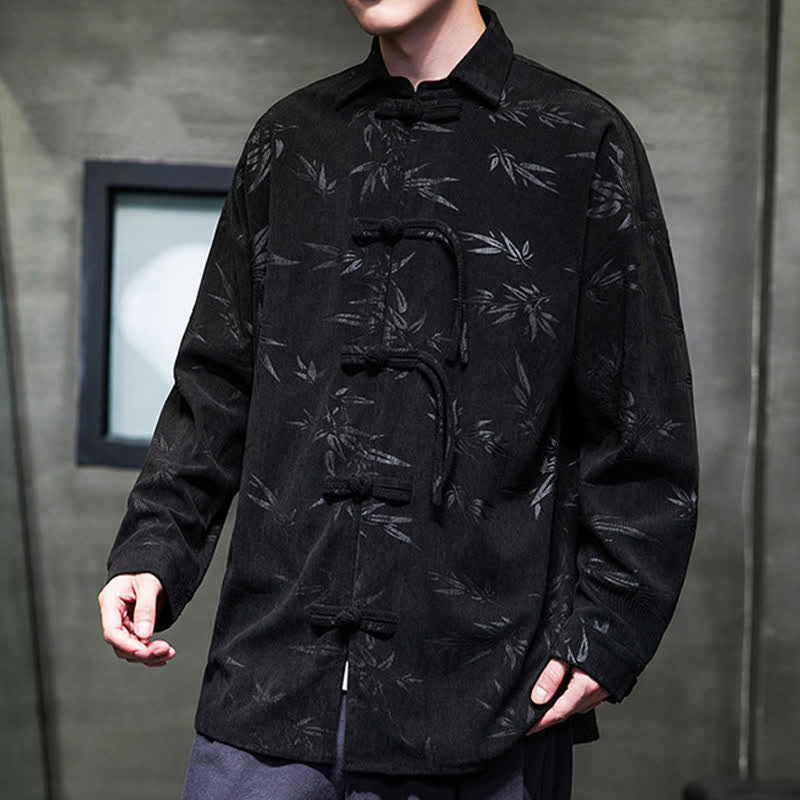Buddha Stones Herbst/Winter Tang Style Herren Langarmhemden aus Cord mit Froschknopfleiste und Bambusprint - image 19