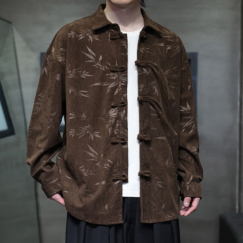Buddha Stones Herbst/Winter Tang Style Herren Langarmhemden aus Cord mit Froschknopfleiste und Bambusprint - image 30