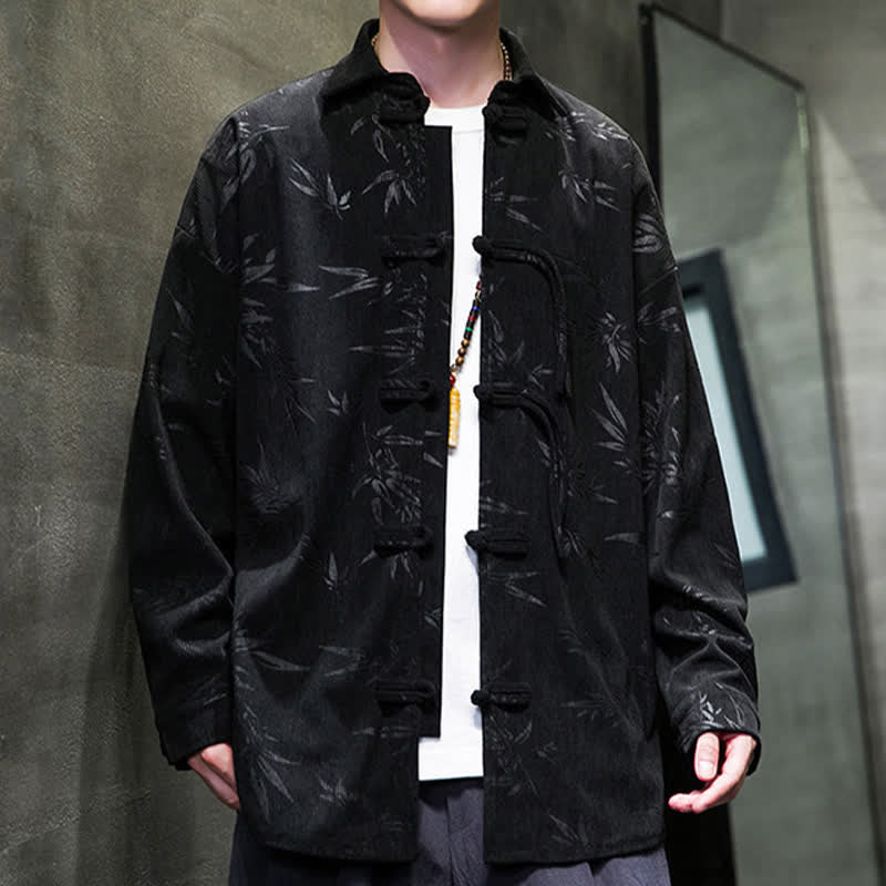 Buddha Stones Herbst/Winter Tang Style Herren Langarmhemden aus Cord mit Froschknopfleiste und Bambusprint - image 20