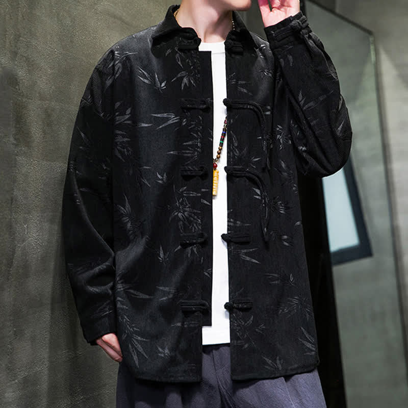 Buddha Stones Herbst/Winter Tang Style Herren Langarmhemden aus Cord mit Froschknopfleiste und Bambusprint - image 18