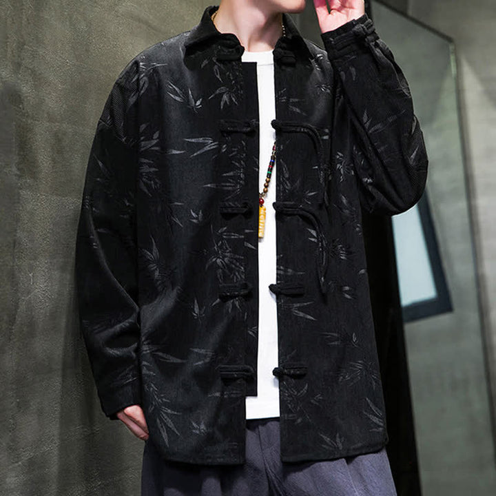 Buddha Stones Herbst/Winter Tang Style Herren Langarmhemden aus Cord mit Froschknopfleiste und Bambusprint - image 18