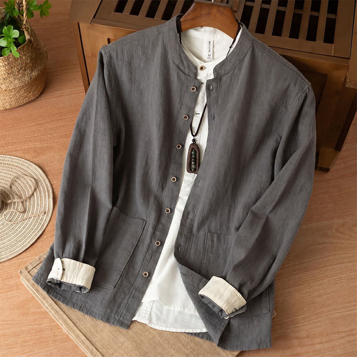 Buddha Stones Lässiges Herrenhemd im Tang-Stil mit Stehkragen, langen Ärmeln und Taschen aus einfarbigem Leinen für den Herbst - DimGray - US/ UK/AU44, EU54 (4XL) - image 11