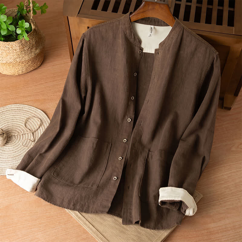 Buddha Stones Lässiges Herrenhemd im Tang-Stil mit Stehkragen, langen Ärmeln und Taschen aus einfarbigem Leinen für den Herbst - Sattelbraun - US/ UK/AU44, EU54 (4XL) - image 0