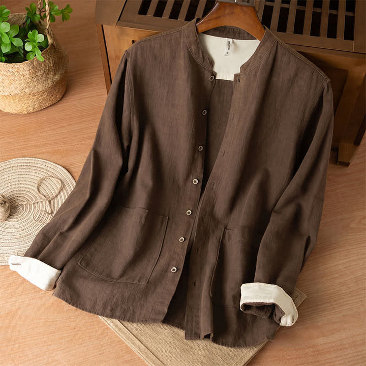 Buddha Stones Lässiges Herrenhemd im Tang-Stil mit Stehkragen, langen Ärmeln und Taschen aus einfarbigem Leinen für den Herbst - Sattelbraun - US/ UK/AU44, EU54 (4XL) - image 0