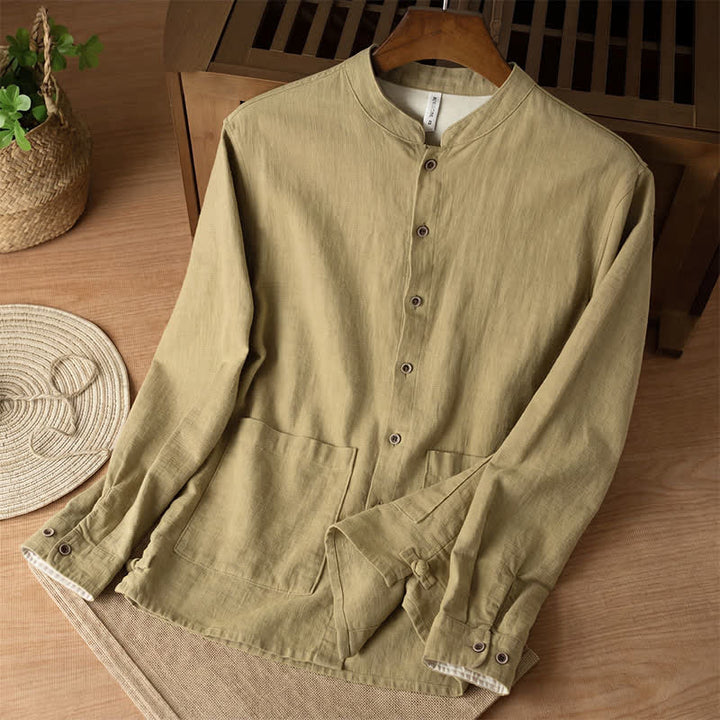 Buddha Stones Lässiges Herrenhemd im Tang-Stil mit Stehkragen, langen Ärmeln und Taschen aus einfarbigem Leinen für den Herbst - Dunkelkhaki - US/ UK/AU44, EU54 (4XL) - image 19