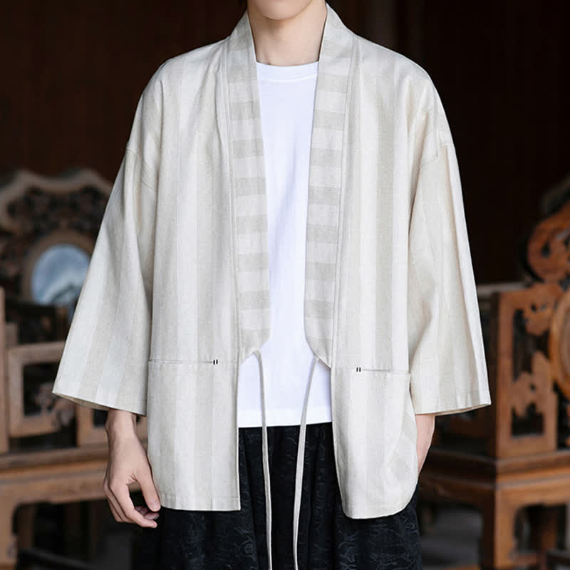 Buddha Stones Lässiger Kimono im Tang-Stil für Herren mit Kordelzug, Dreiviertelärmeln und Tasche, gefertigt aus einfarbigem Baumwoll-Leinen-Mischgewebe für Frühling und Sommer. - Beige - US/ UK/AU46, EU56 (5XL) - image 0