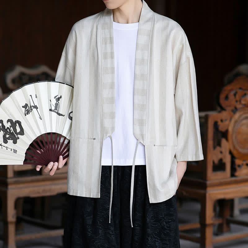 Buddha Stones Lässiger Kimono im Tang-Stil für Herren mit Kordelzug, Dreiviertelärmeln und Tasche, gefertigt aus einfarbigem Baumwoll-Leinen-Mischgewebe für Frühling und Sommer. - image 5
