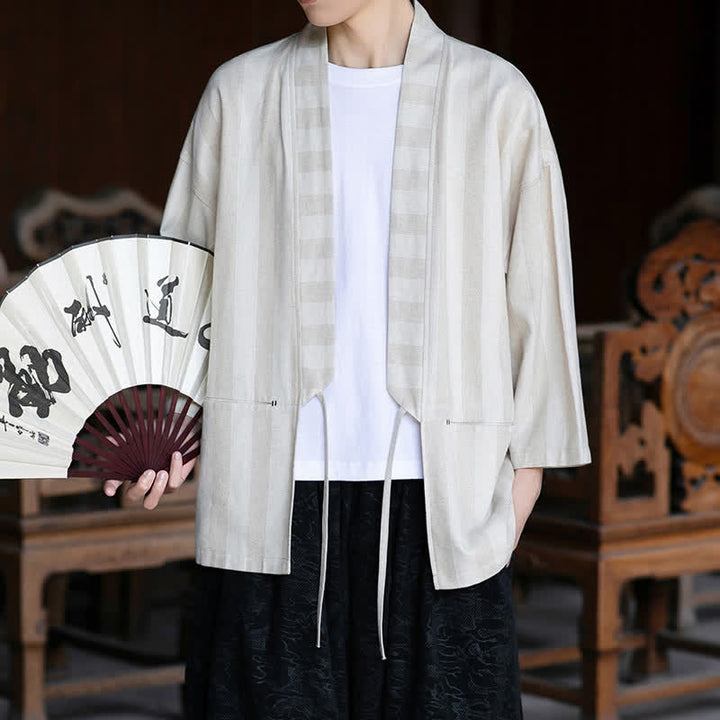 Buddha Stones Lässiger Kimono im Tang-Stil für Herren mit Kordelzug, Dreiviertelärmeln und Tasche, gefertigt aus einfarbigem Baumwoll-Leinen-Mischgewebe für Frühling und Sommer. - image 5