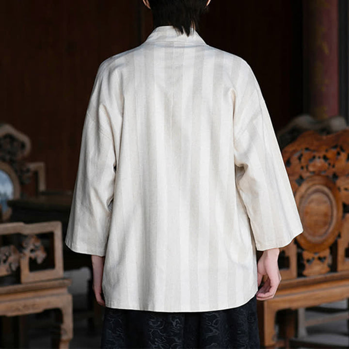 Buddha Stones Lässiger Kimono im Tang-Stil für Herren mit Kordelzug, Dreiviertelärmeln und Tasche, gefertigt aus einfarbigem Baumwoll-Leinen-Mischgewebe für Frühling und Sommer. - image 4