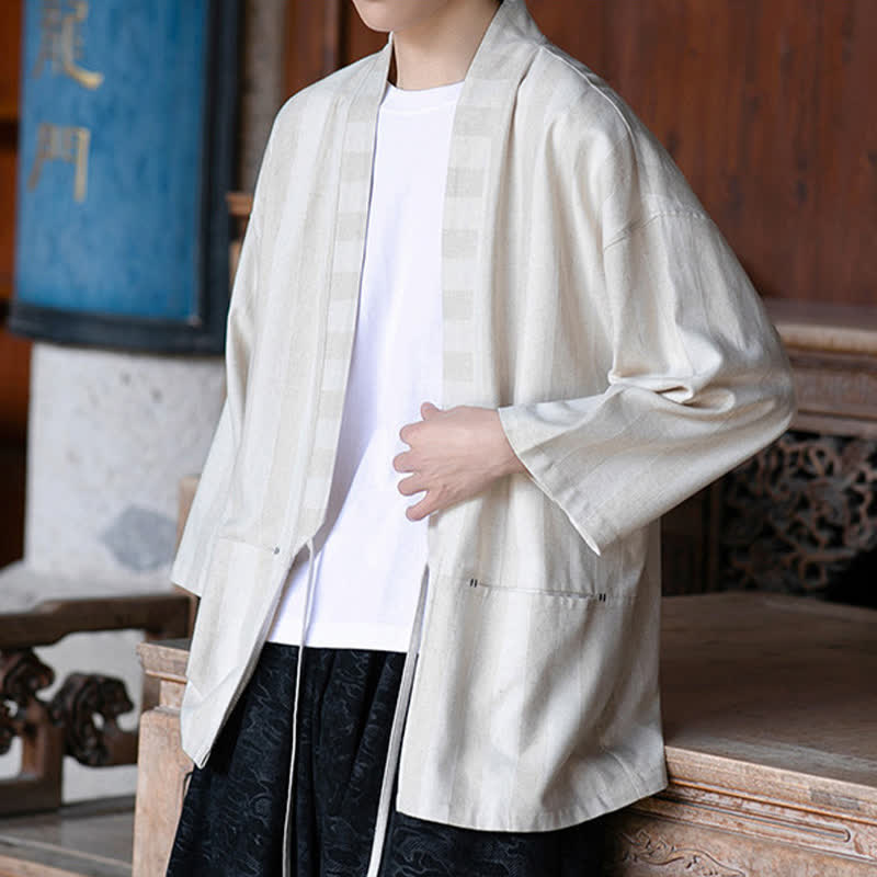 Buddha Stones Lässiger Kimono im Tang-Stil für Herren mit Kordelzug, Dreiviertelärmeln und Tasche, gefertigt aus einfarbigem Baumwoll-Leinen-Mischgewebe für Frühling und Sommer. - image 3