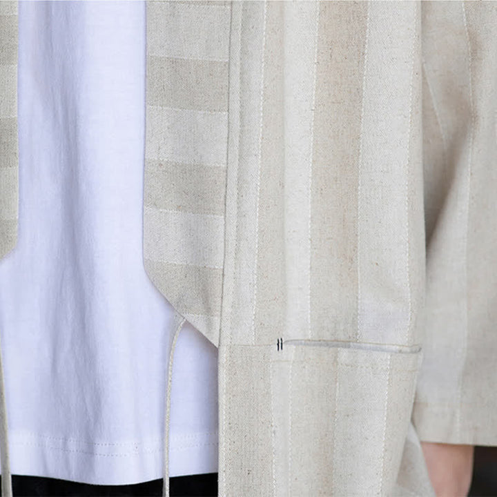 Buddha Stones Lässiger Kimono im Tang-Stil für Herren mit Kordelzug, Dreiviertelärmeln und Tasche, gefertigt aus einfarbigem Baumwoll-Leinen-Mischgewebe für Frühling und Sommer. - image 8