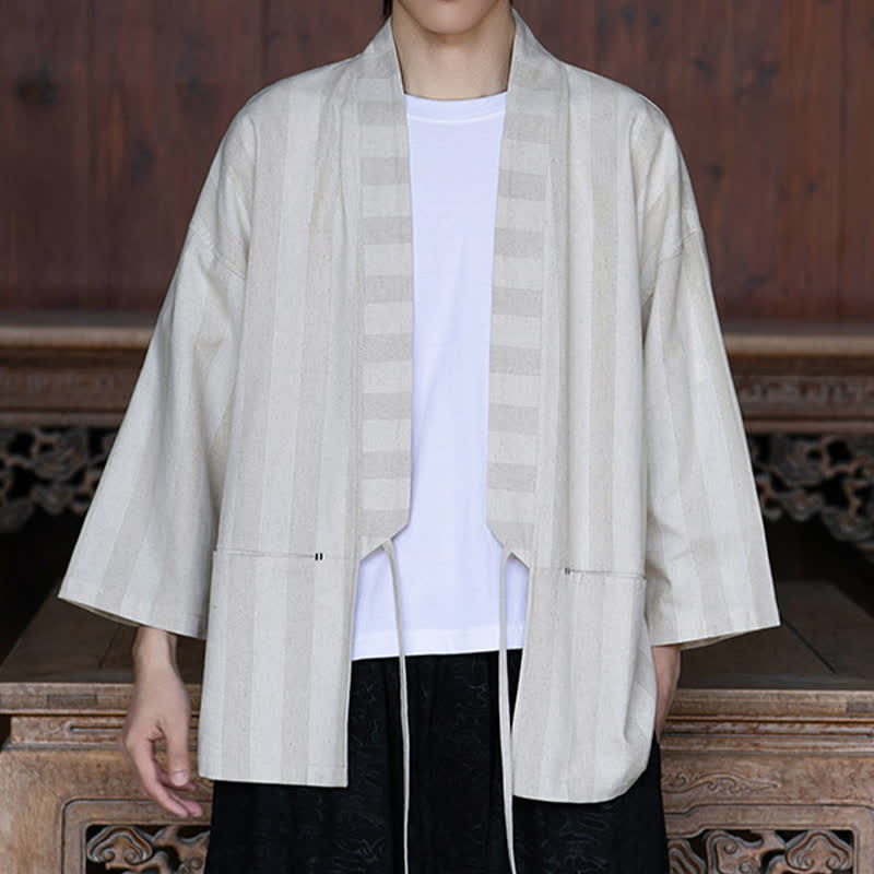 Buddha Stones Lässiger Kimono im Tang-Stil für Herren mit Kordelzug, Dreiviertelärmeln und Tasche, gefertigt aus einfarbigem Baumwoll-Leinen-Mischgewebe für Frühling und Sommer. - image 6