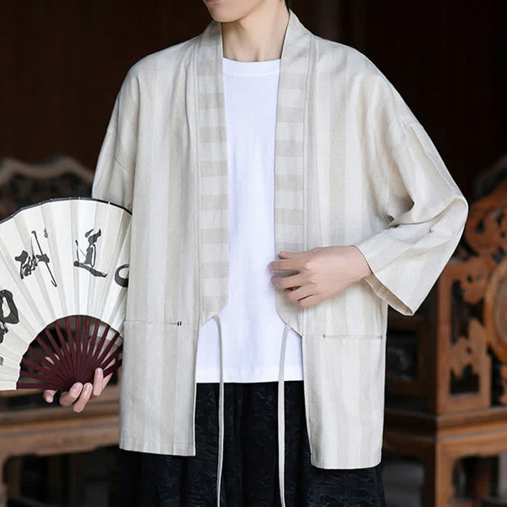 Buddha Stones Lässiger Kimono im Tang-Stil für Herren mit Kordelzug, Dreiviertelärmeln und Tasche, gefertigt aus einfarbigem Baumwoll-Leinen-Mischgewebe für Frühling und Sommer. - image 2