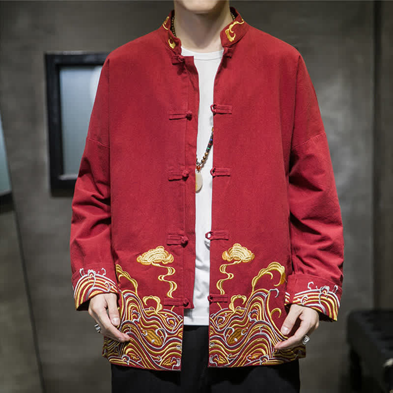 Buddha Stones Herbst-Winter-Herrenjacke im Tang-Stil mit Vintage-Froschknopfstickerei, Wolkenmuster und Baumwollmuster - image 1