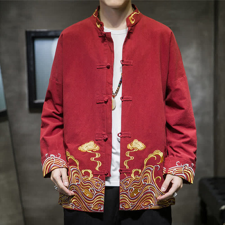 Buddha Stones Herbst-Winter-Herrenjacke im Tang-Stil mit Vintage-Froschknopfstickerei, Wolkenmuster und Baumwollmuster - image 1