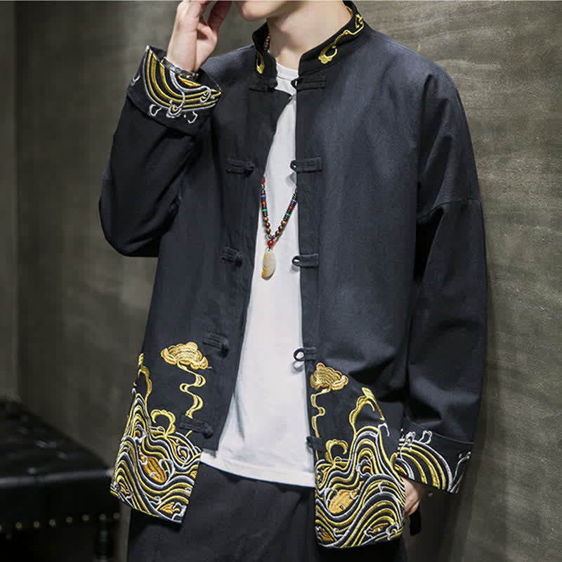 Buddha Stones Herbst-Winter-Herrenjacke im Tang-Stil mit Vintage-Froschknopfstickerei, Wolkenmuster und Baumwollmuster - image 16