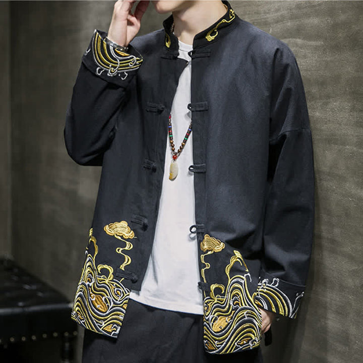 Buddha Stones Herbst-Winter-Herrenjacke im Tang-Stil mit Vintage-Froschknopfstickerei, Wolkenmuster und Baumwollmuster - image 16