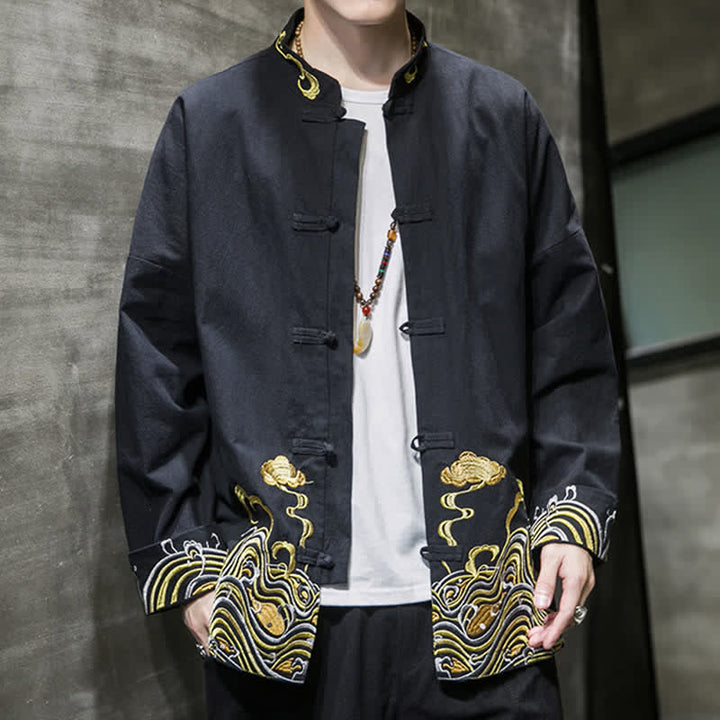 Buddha Stones Herbst-Winter-Herrenjacke im Tang-Stil mit Vintage-Froschknopfstickerei, Wolkenmuster und Baumwollmuster - image 10